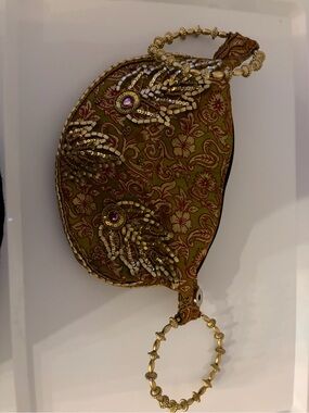 Gold-Embellished Olive Floral Beaded Fortune Cookie Wristlet Clutch